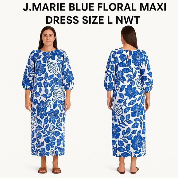 J.MARIE BLUE FLORAL MAXI DRESS SIZE L NWT - Picture 1 of 10